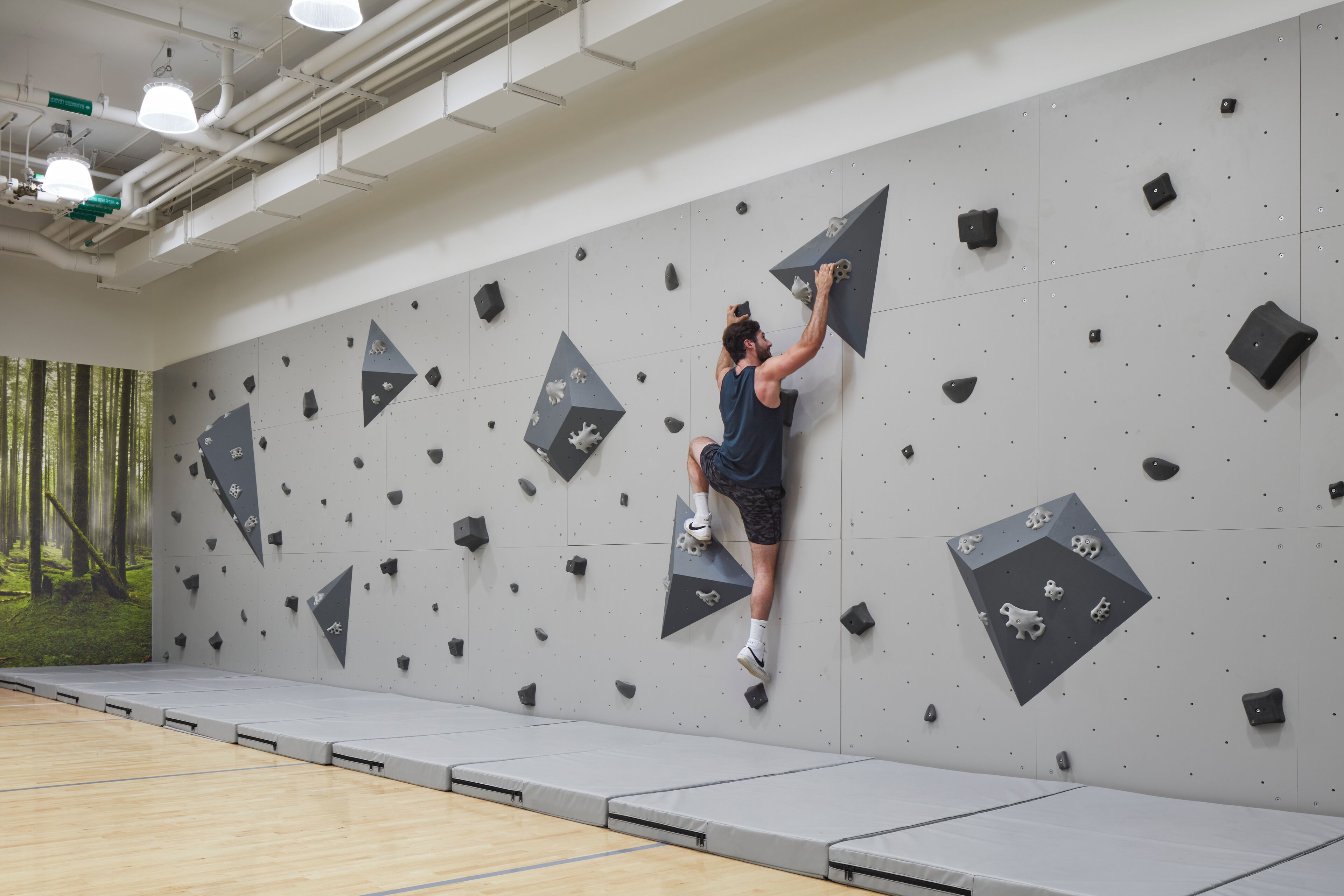 A person climbing a wall with various holds.