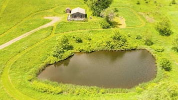 Un paysage rural avec un étang, une maison en bois et une végétation luxuriante tout autour.