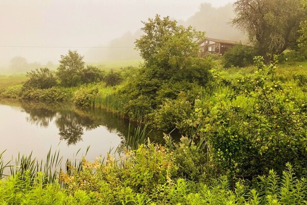 A serene lakeside scene with dense greenery, a small wooden house, and a misty atmosphere.