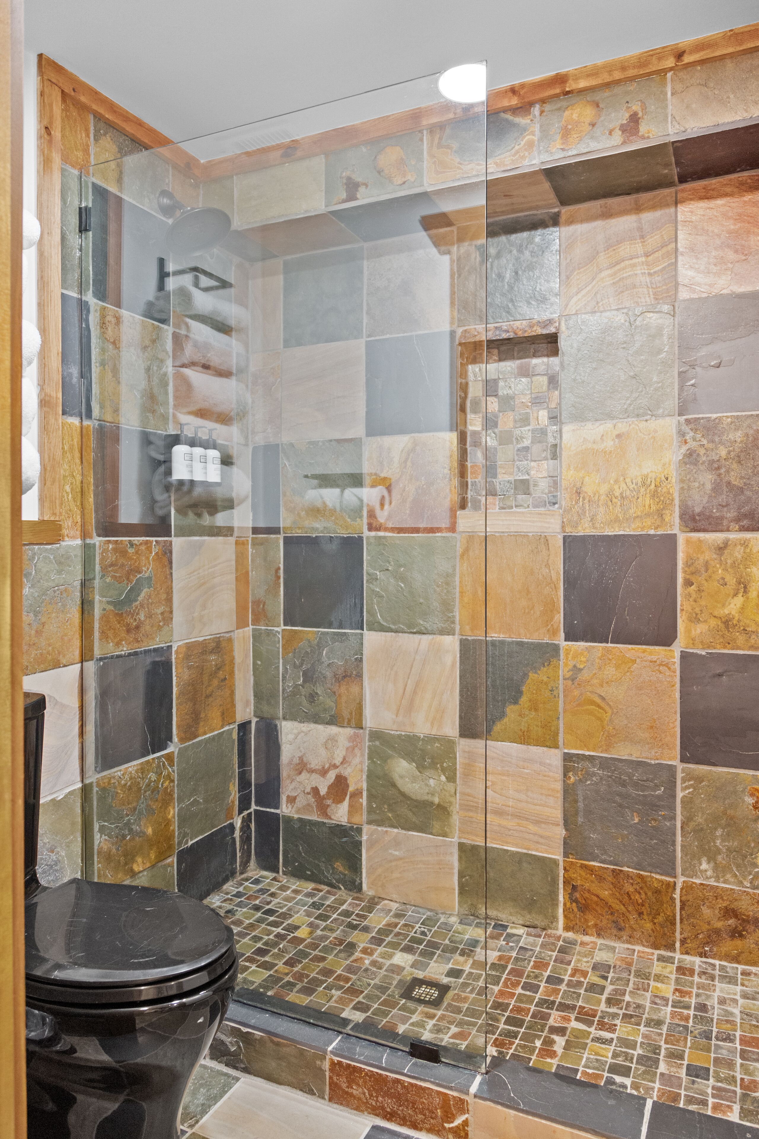A bathroom with a shower area, a toilet, and a tiled wall with various patterns.