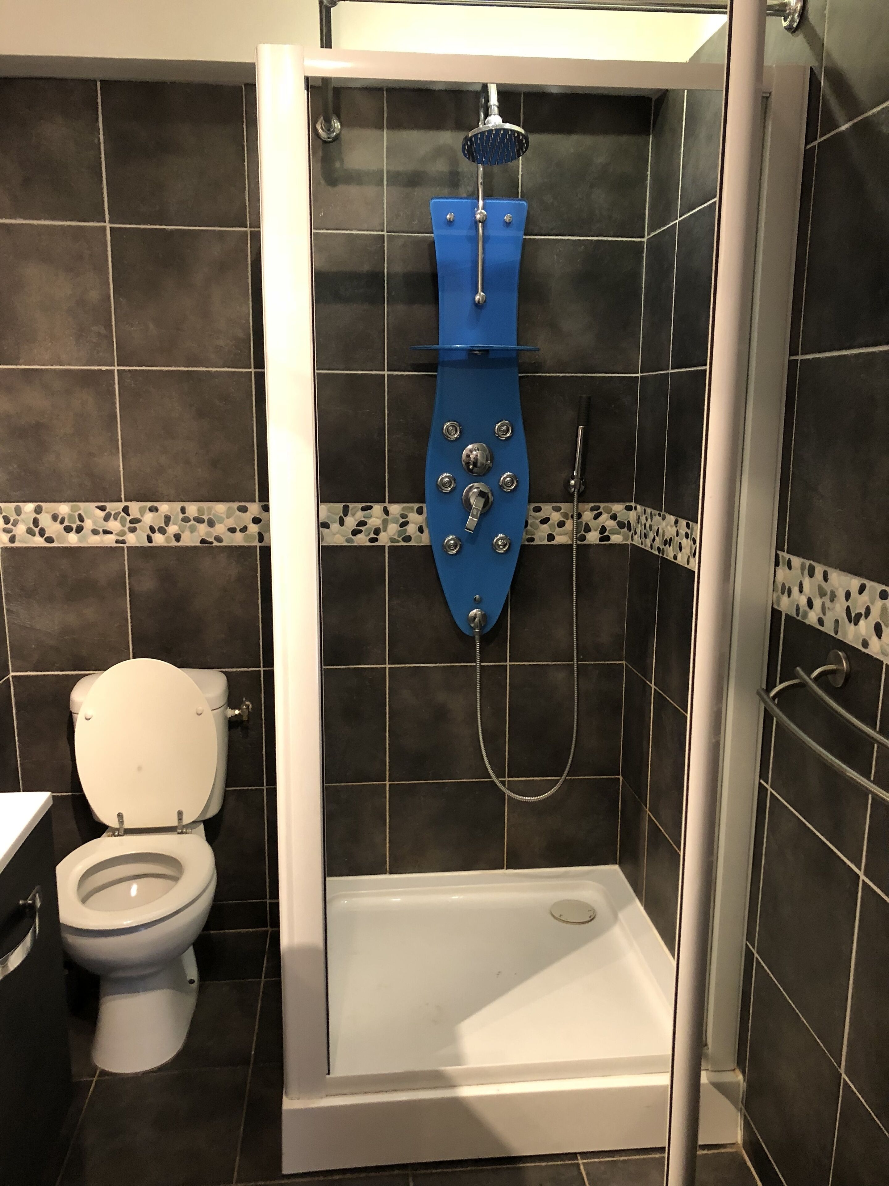 シャワー付き浴槽、タオル、石鹸、トイレットペーパー