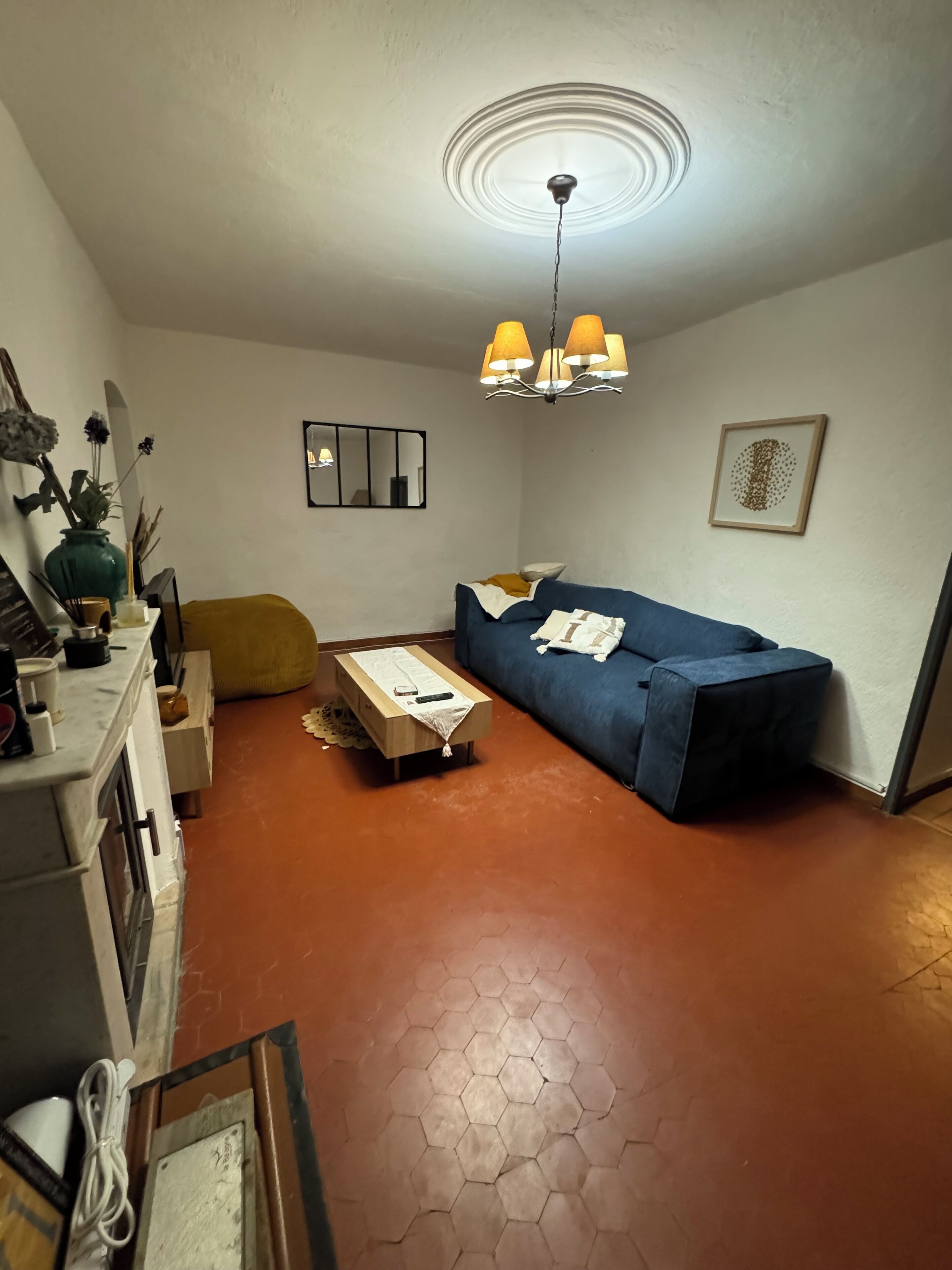 TV, fireplace, books