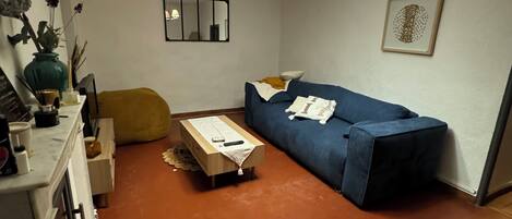 Televisie, een open haard en boeken