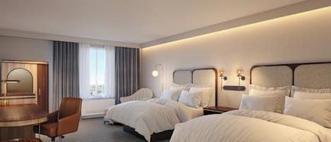 Ein Hotelzimmer mit zwei Betten, einem Schreibtisch und einem Stuhl.