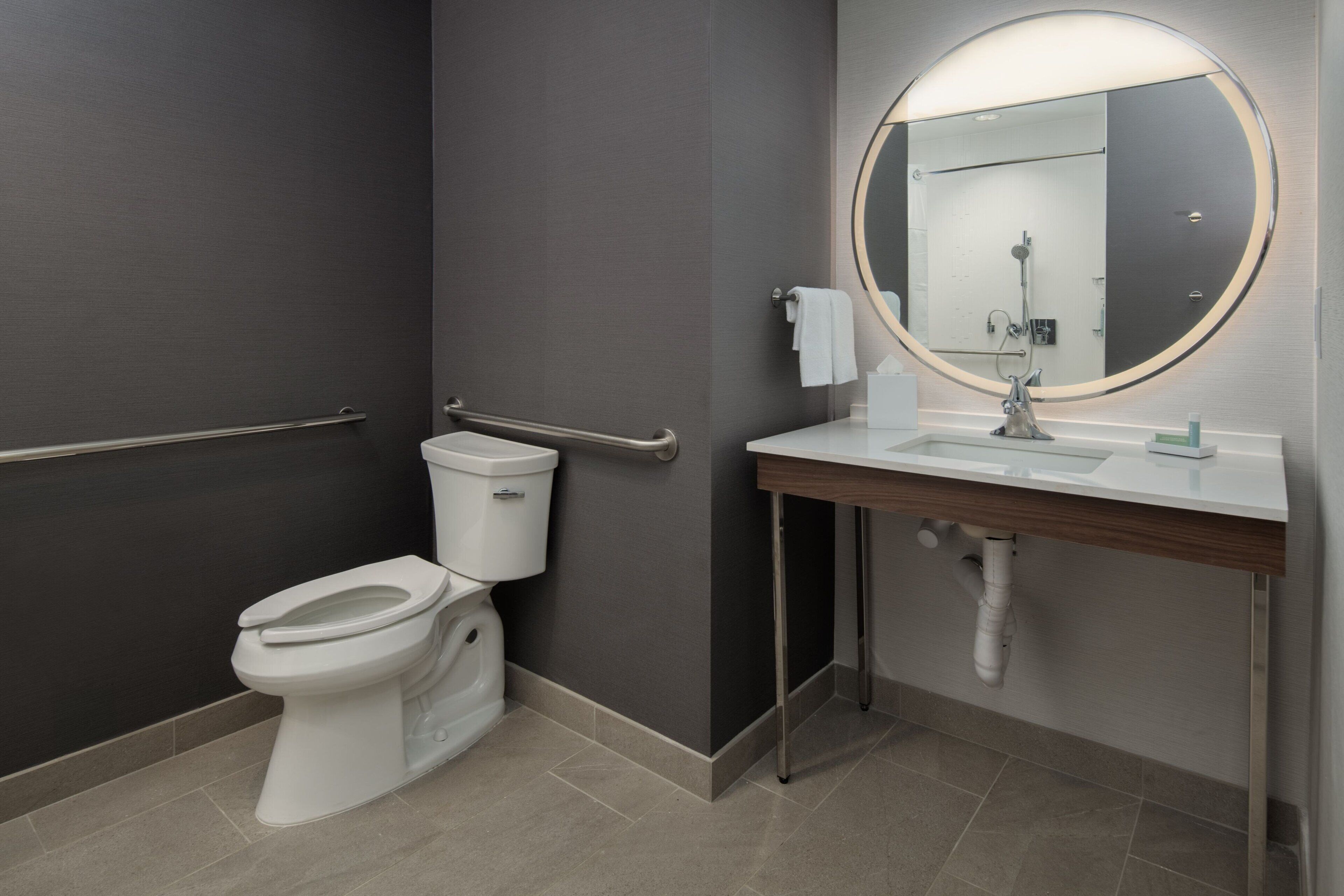 Un baño moderno con inodoro, lavamanos, espejo y barandilla.