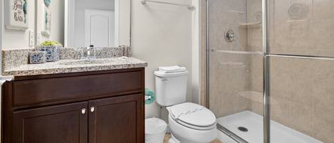 A bathroom with a shower, toilet, vanity, and decorative plates on the wall.