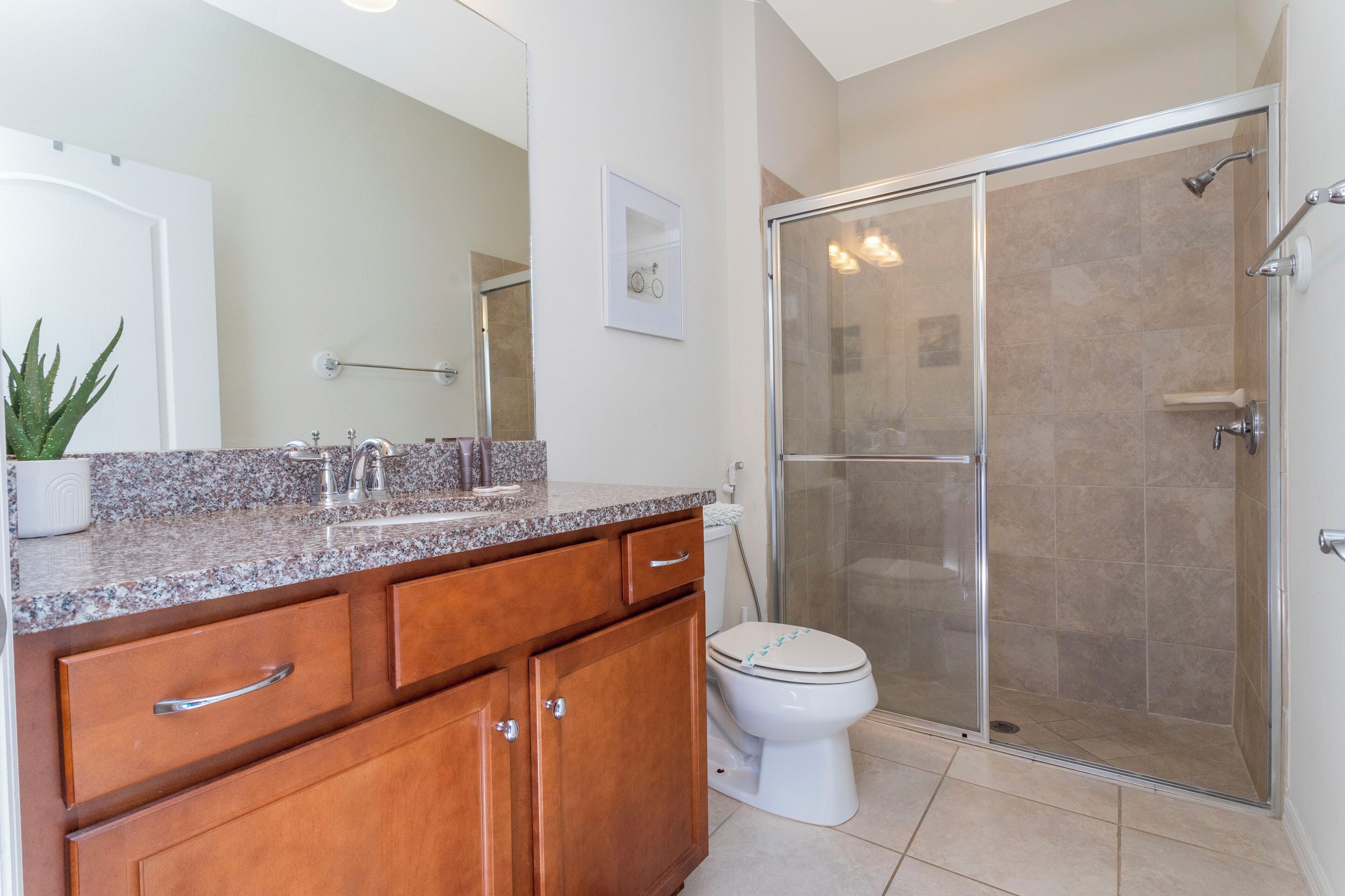 Une salle de bain avec douche, toilettes et lavabo.