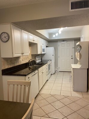 Fridge, microwave, oven, stovetop - Beachfront Large Private Balcony Top Floor! Chairs, umbrella in storage room. (Gulf Shores)