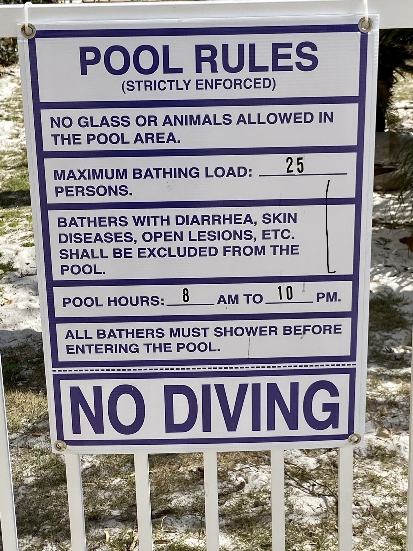 Letrero de normas de la piscina: aforo máximo de 25 personas, prohibido llevar vidrio o animales, exclusión de bañistas con ciertas condiciones de salud, horario de apertura de 8 de la mañana a 10 de la noche, y prohibido bucear.