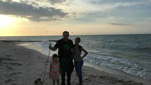Eine Szene am Strand mit einer Person, einem Kind und einem Hund.