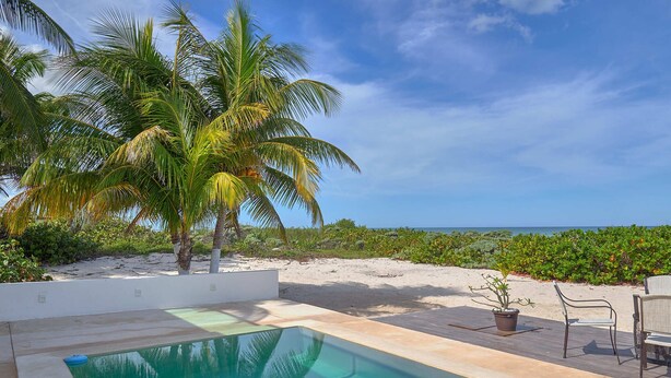 A swimming pool with a view of the ocean, surrounded by palm trees and a sandy beach. - Casa Nazul  -  Yucatan Home Rentals (Chicxulub Puerto)