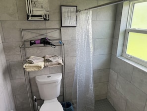 Bathtub, hair dryer, towels, toilet paper