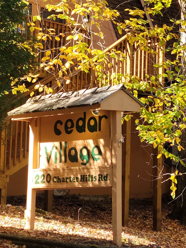 Discover Cedar Village, nestled among trees, with a traditional building in the background.