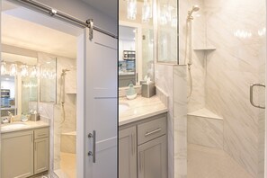 Bathtub, hair dryer, towels