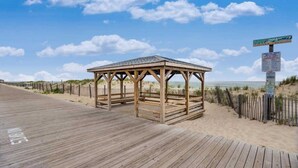 A wooden boardwalk leading to a wooden gazebo with a beach view. - Jersey Shore - Summer 2025 - Lavallette - Sleeps up to 8! (Lavallette)