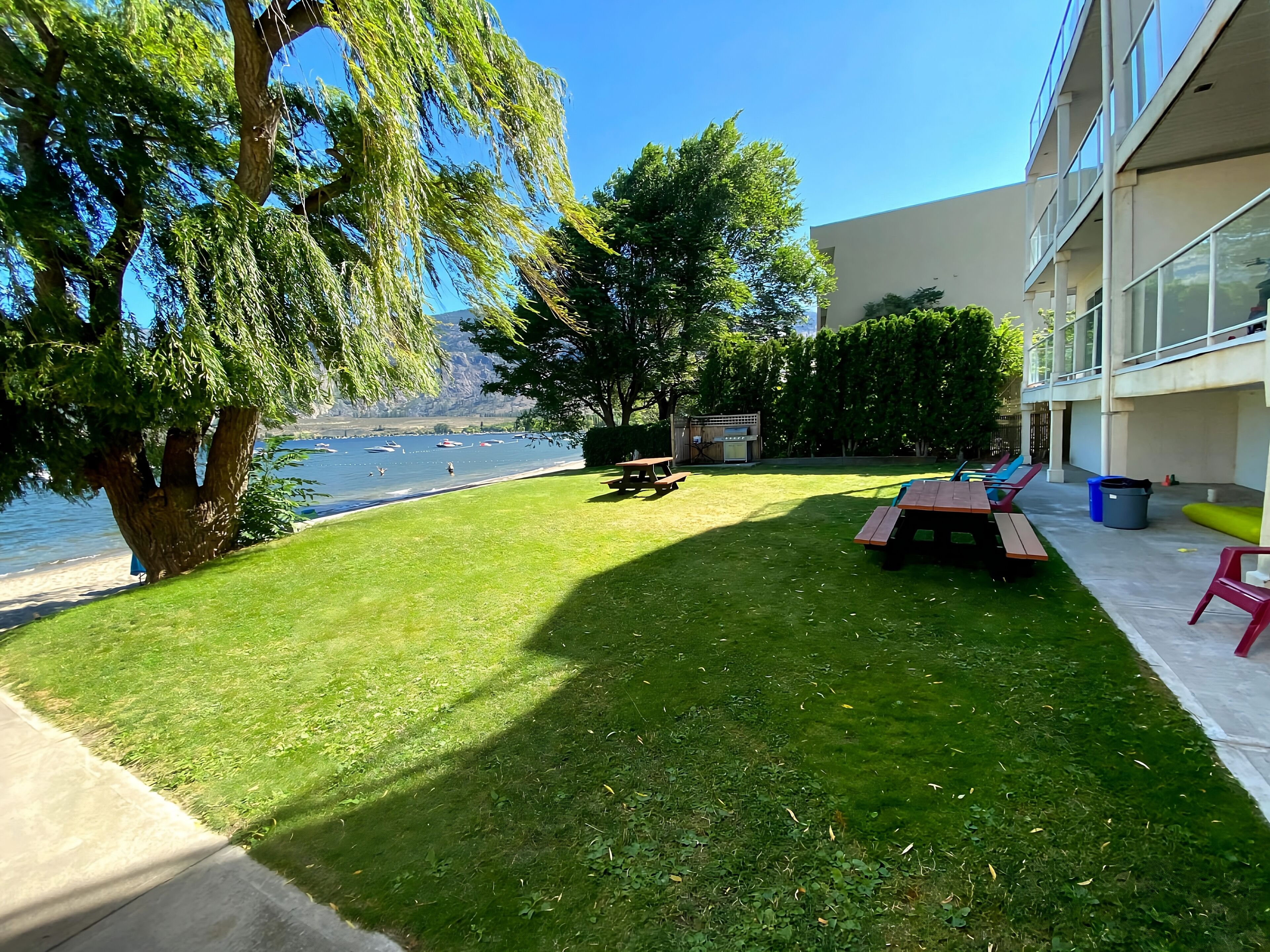 A grassy outdoor area with picnic tables and a barbecue grill, overlooking a body of water and a building with large windows.