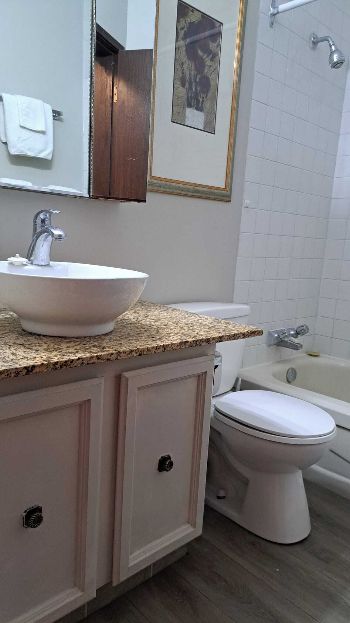 A bathroom with a white sink, a toilet, and a bathtub.