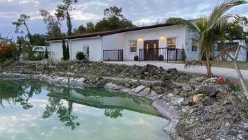 Ett hus med en swimmingpool, omgivet av stenar och träd.