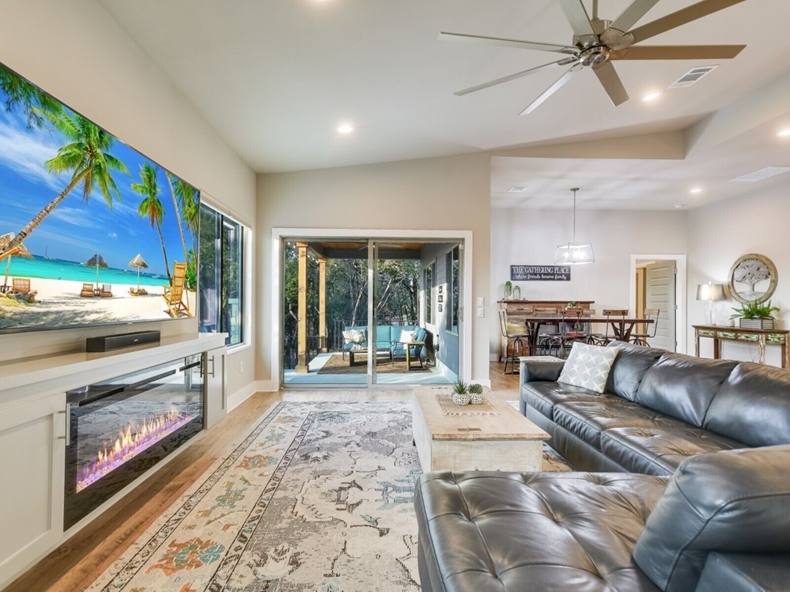 Smart TV, fireplace, video games, foosball