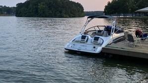 Ein Boot liegt an einem Steg vor einer von Bäumen bewachsenen Insel.