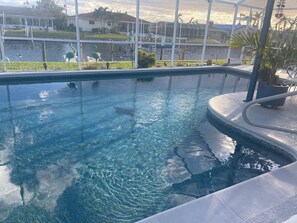 Une piscine aux eaux cristallines, avec vue sur des maisons et un plan d’eau en arrière-plan.