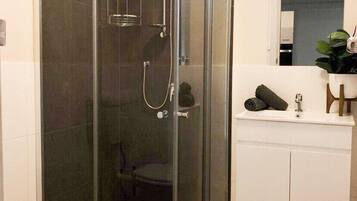 Shower, hair dryer, shampoo, toilet paper