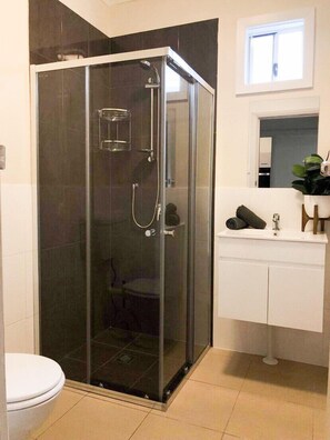 Chuveiro, secador de cabelo, shampoo, papel higiênico