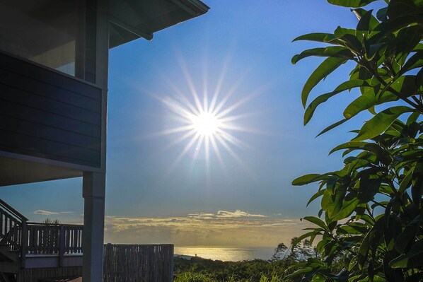 A bright sun shining through tree leaves, a wooden deck, and a view of the ocean.