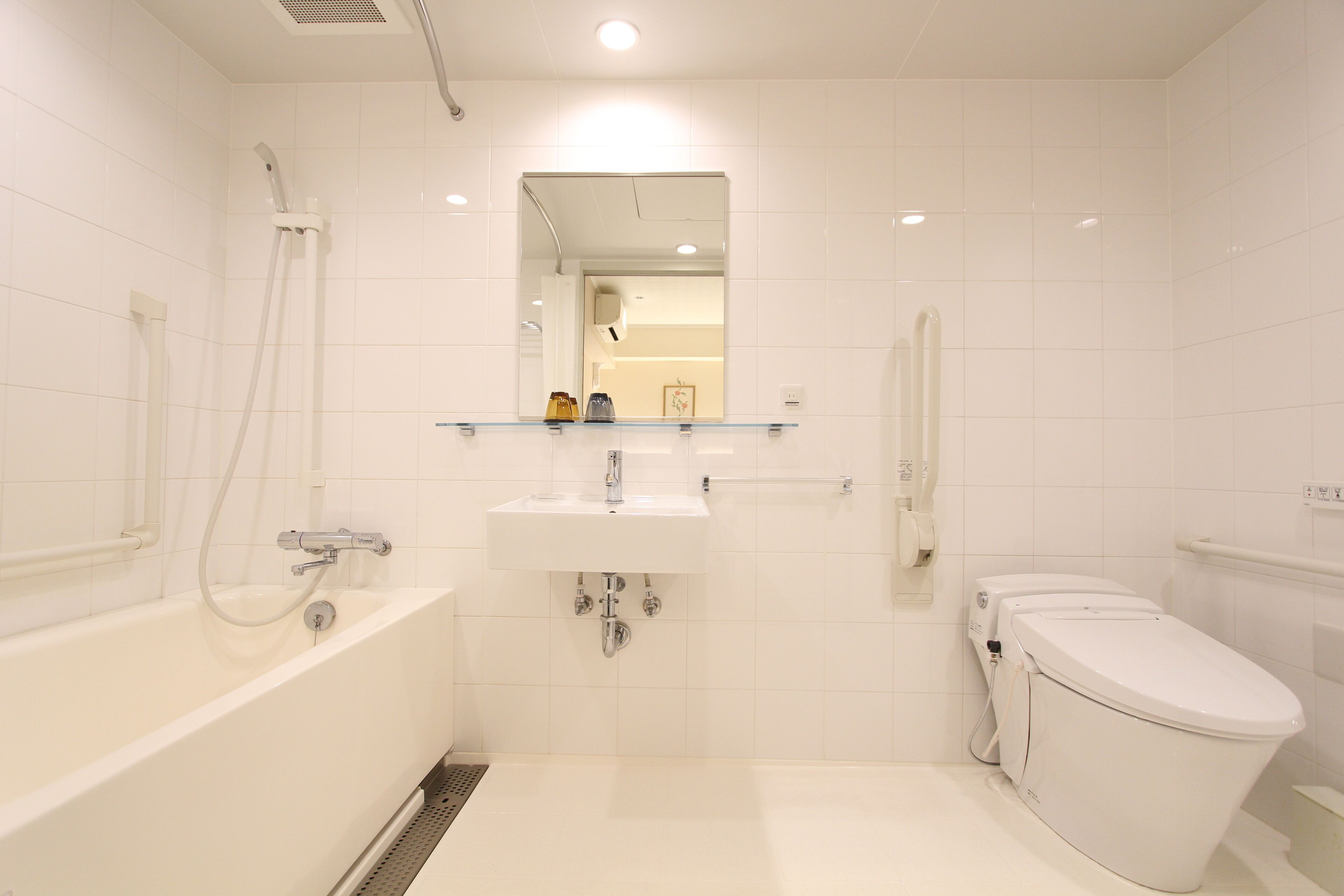 deluxe twin room, non smoking (universal design) | bathroom | combined shower/bathtub, deep-soaking bathtub, free toiletries
