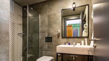 Shower, free toiletries, hair dryer, bathrobes