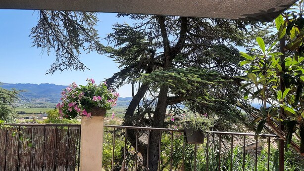 A balcony with a view of mountains and a hanging plant. - Panoramic view Quiet private pool (Rasteau)