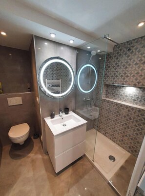 Douche, sèche-cheveux, serviettes fournies, papier toilette