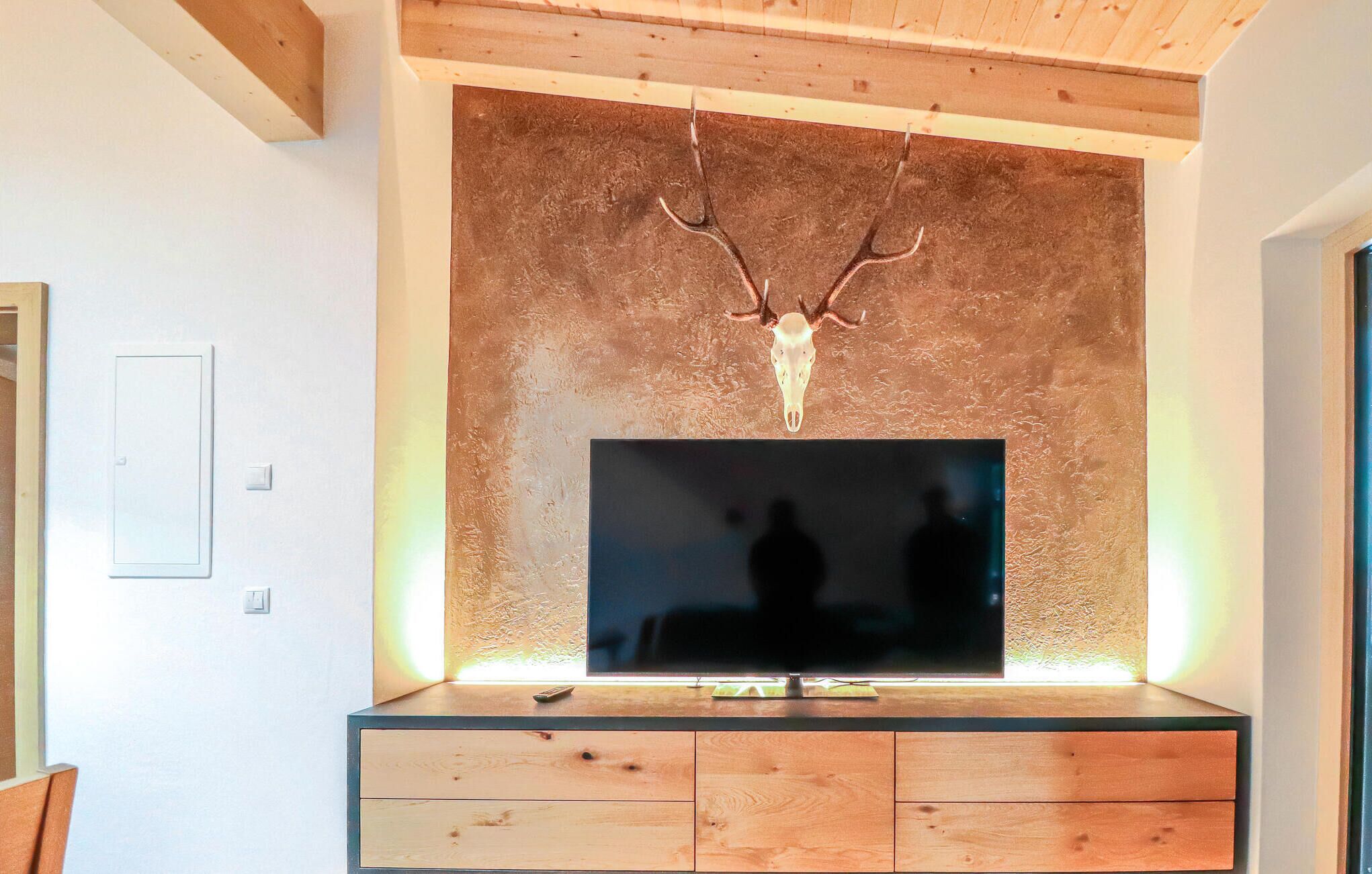 Un soggiorno moderno con un grande televisore a schermo piatto fissato a una parete di legno sopra un mobile contenitore con cassetti.