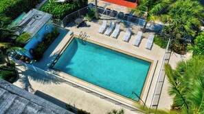Vue aérienne d’une piscine rectangulaire bordée d’une terrasse carrelée, entourée de palmiers et de chaises longues.