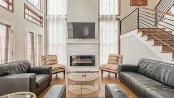 Smart TV, fireplace, books