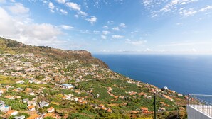 A coastal town with houses and vineyards, overlooking the sea.