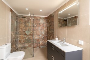 Douche, séchoir à cheveux, serviettes fournies