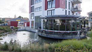 A modern building with a glass conservatory, a small water feature, and a grassy area with yellow flowers.
