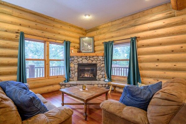 Smart TV, fireplace, DVD player, books