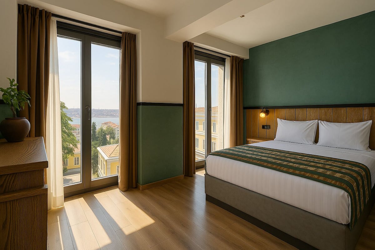 Habitación de hotel con una cama grande, piso de madera, vistas de la ciudad y un balcón con cortinas.