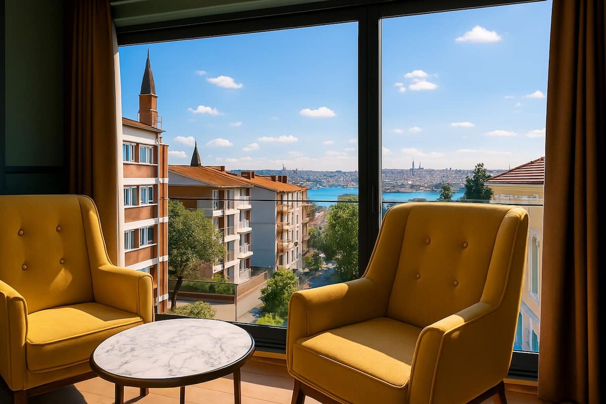 Una habitación con dos sillones amarillos y una pequeña mesa de mármol, ventanas amplias con vistas a la ciudad.