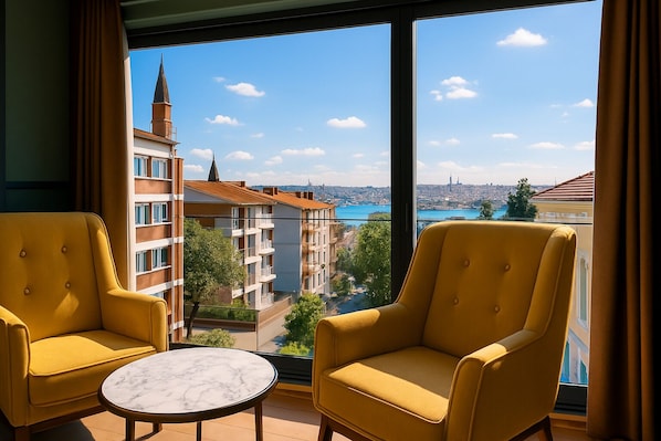 A room with two yellow armchairs and a small marble table, large windows with a city view. - Fragments Hotel (Istanbul)