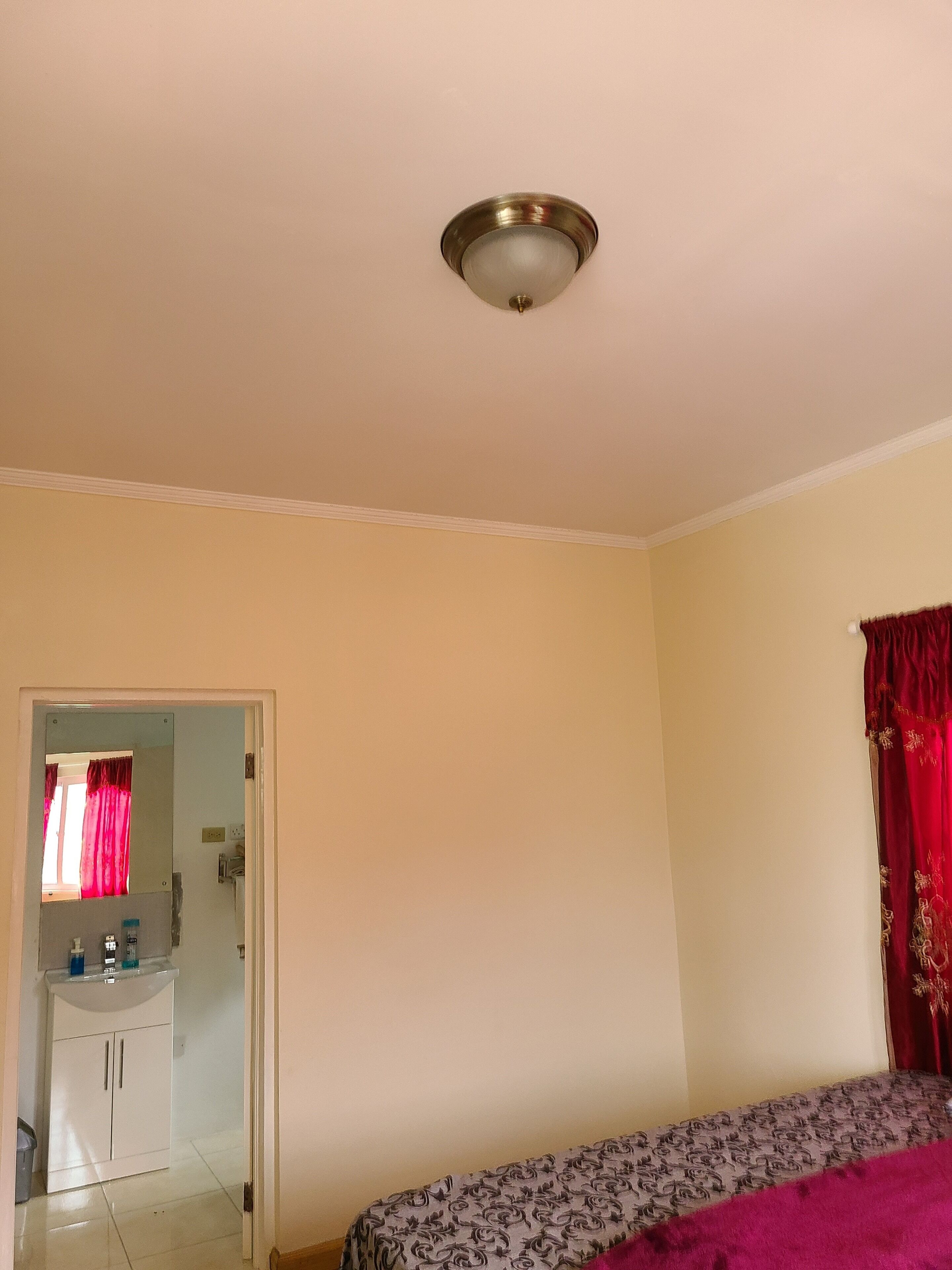 A bedroom with a bed, a door leading to a bathroom, and a ceiling light fixture.