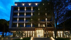 A multi-story hotel with a modern design, featuring a central entrance with a staircase leading to the lobby. - ETER Hotel (Golem)