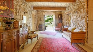 A rustic room with stone walls, wooden ceiling beams, a red patterned rug, a wooden cabinet, a chair, and a sofa. - Bastide de Bellegarde (Avignon)