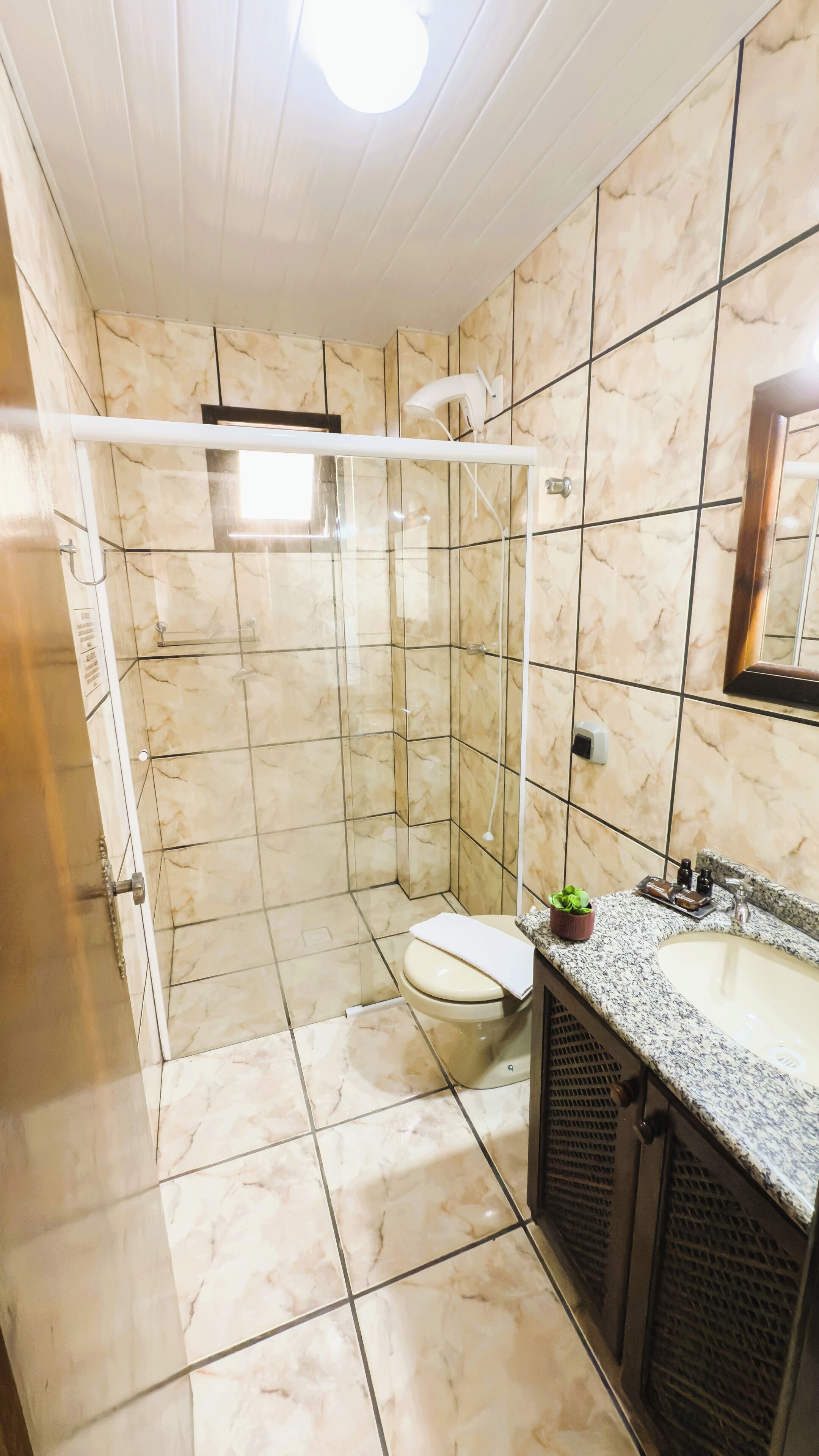 Un baño con ducha de vidrio, inodoro y lavamanos con encimera de granito.