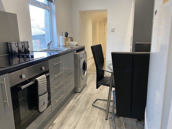 Fridge, microwave, oven, electric kettle