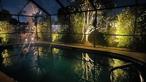 An indoor swimming pool with a glass enclosure, surrounded by trees and plants, and a view of the outside at night.