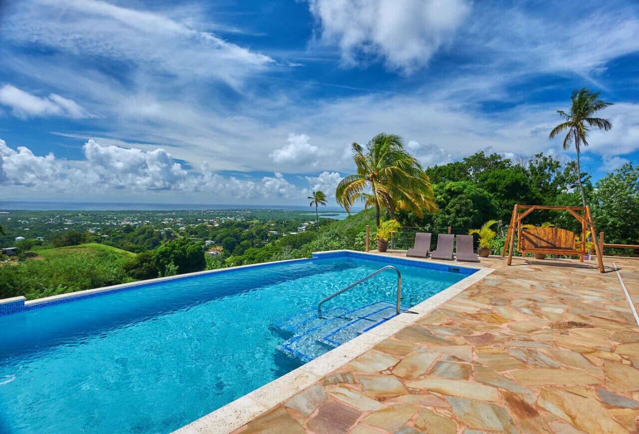 A swimming pool with a stone deck, palm trees, and a view of a distant landscape.