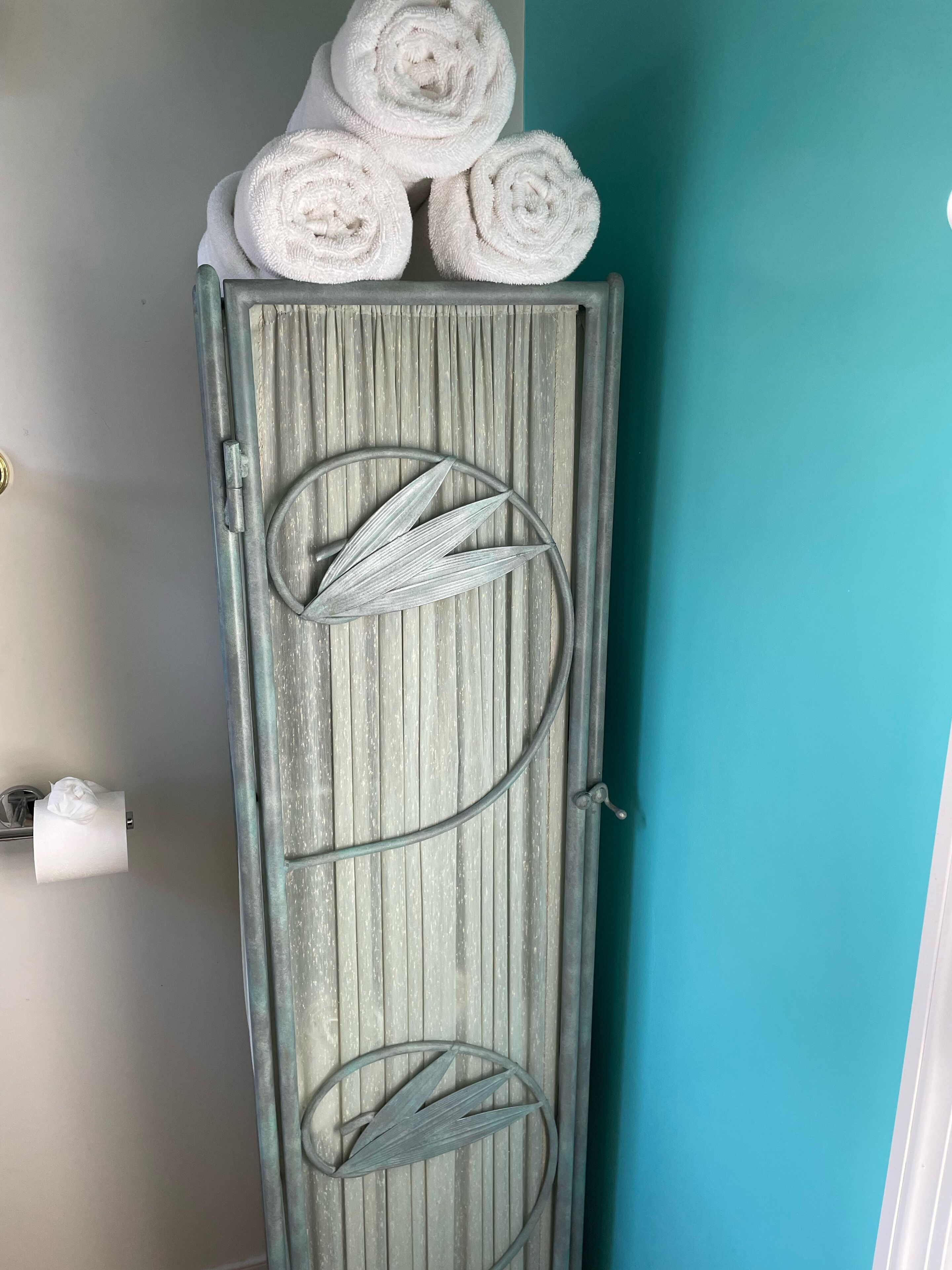 A wardrobe with a towel rack on top and a toilet paper holder on the door.